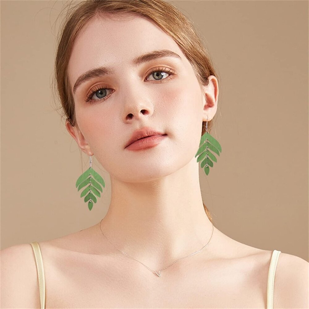 Handmade Lightweight Wooden Leaf Drop Dangle Earrings Bohemian Nature Wood Chain - Picture 5 of 6